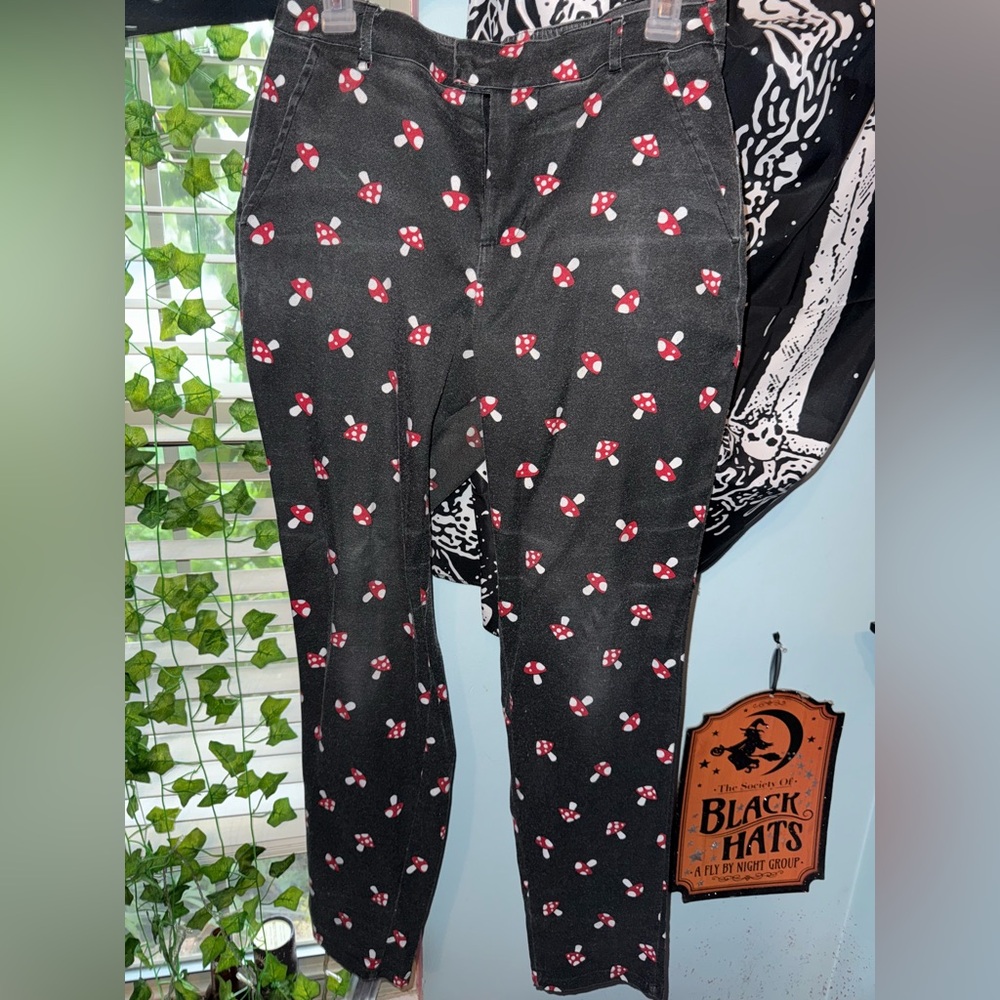 Hot Topic Black Pants with Red and White Mushroom Design